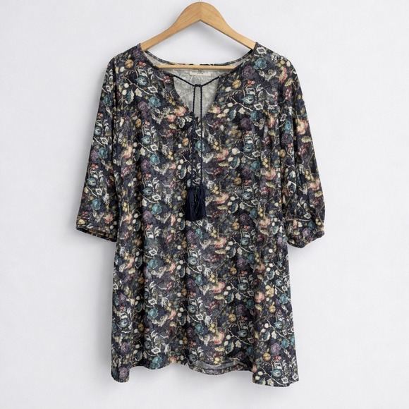 Natural Life Lia Tunic Dress Tassel Neck Blue Cotton Floral Boho Peasant Size L - Picture 2 of 7